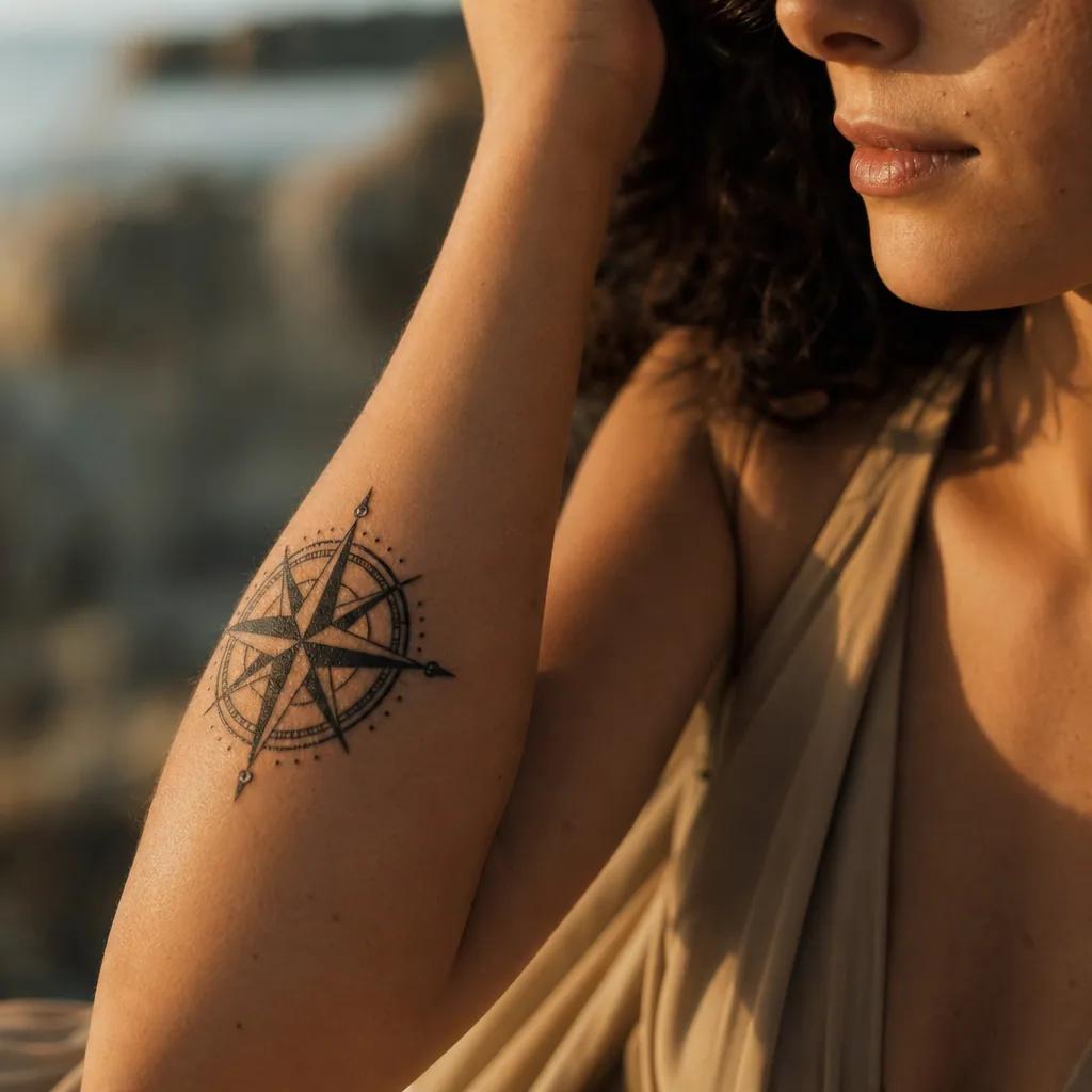 idée tatouage voyage boussole blackwork, photo réaliste sur peau