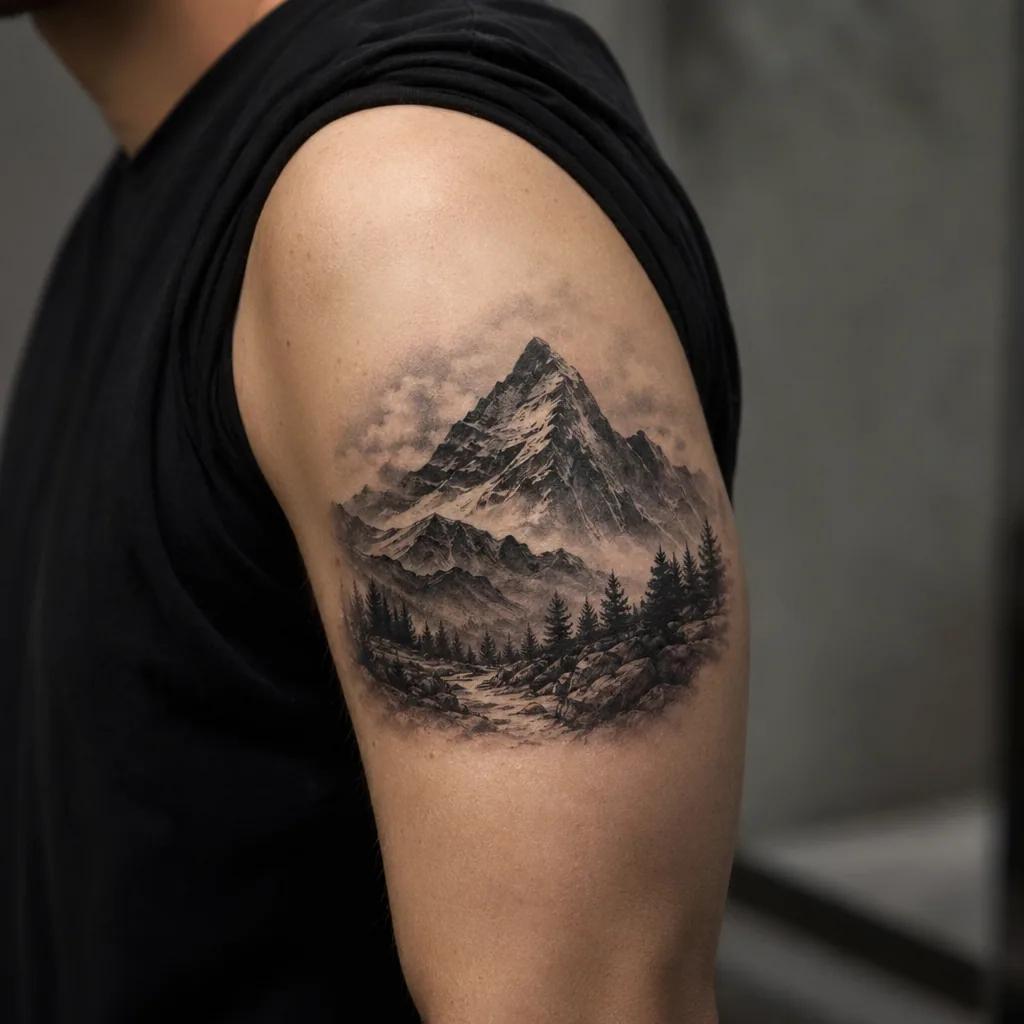 idée tatouage voyage montagne réaliste, photo réaliste sur peau
