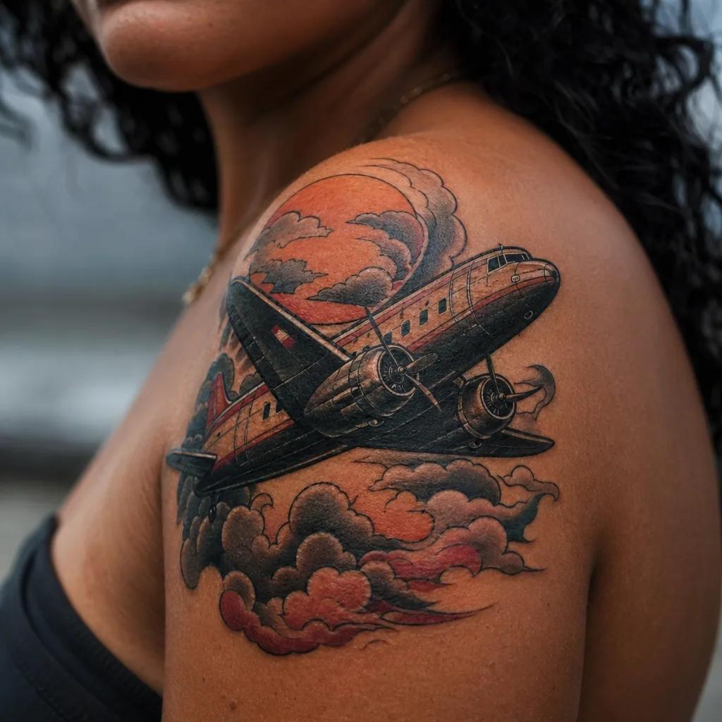 idée tatouage voyage avion néo-traditionnel, photo réaliste sur peau