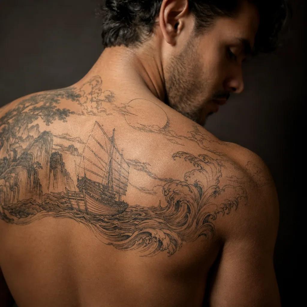 idée tatouage voyage vague japonaise, photo réaliste sur peau