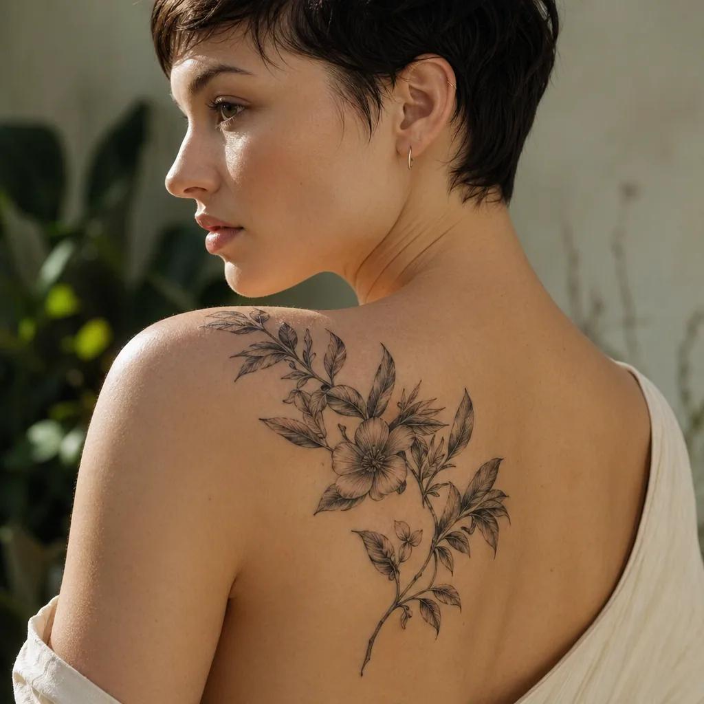 idée tatouage voyage branche tropicale florale, photo réaliste sur peau