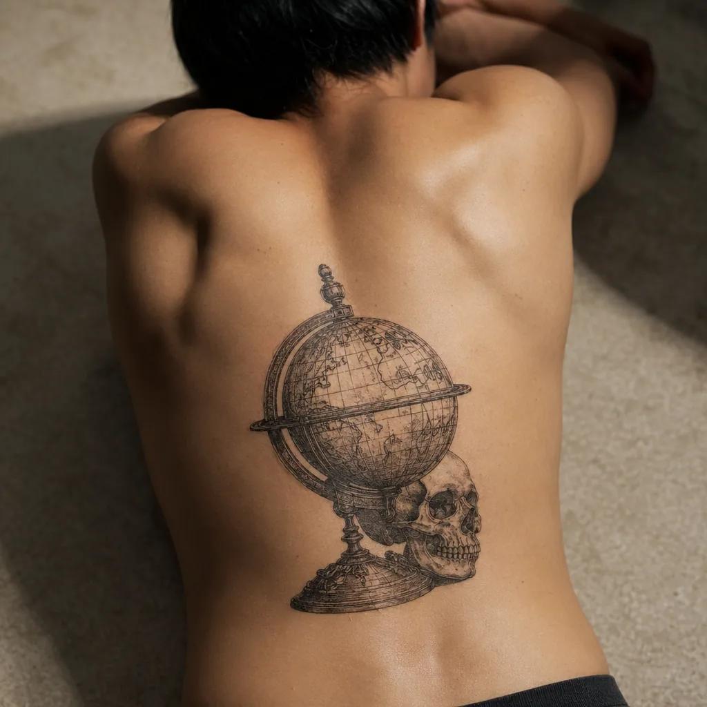 idée tatouage voyage globe et crâne, photo réaliste sur peau
