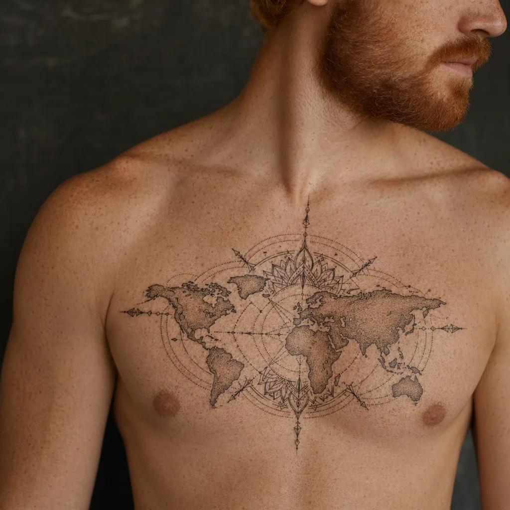 idée tatouage voyage mandala carte du monde, photo réaliste sur peau