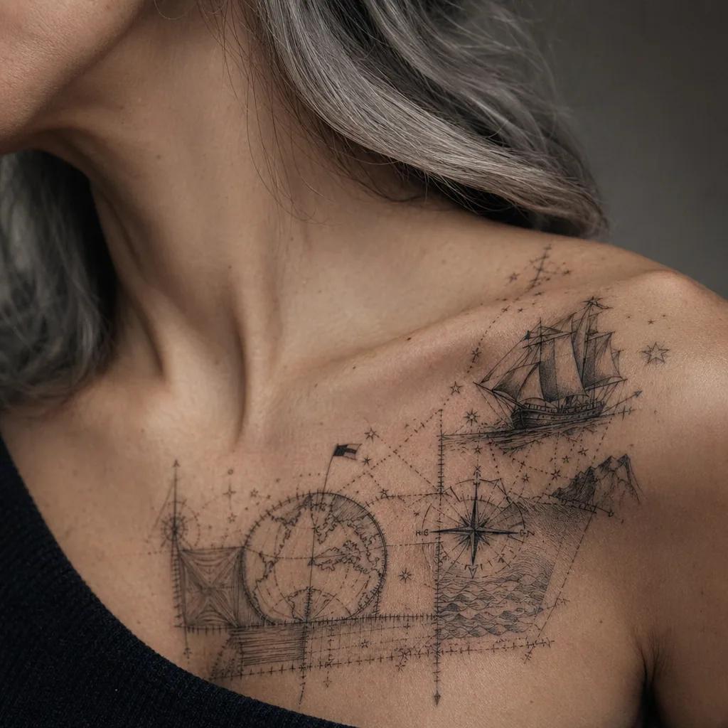 idée tatouage voyage patchwork voyage flash, photo réaliste sur peau