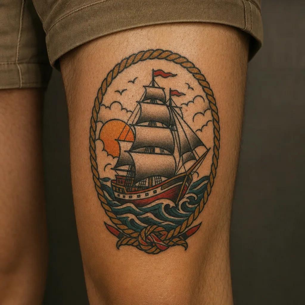 idée tatouage voyage bateau old school, photo réaliste sur peau