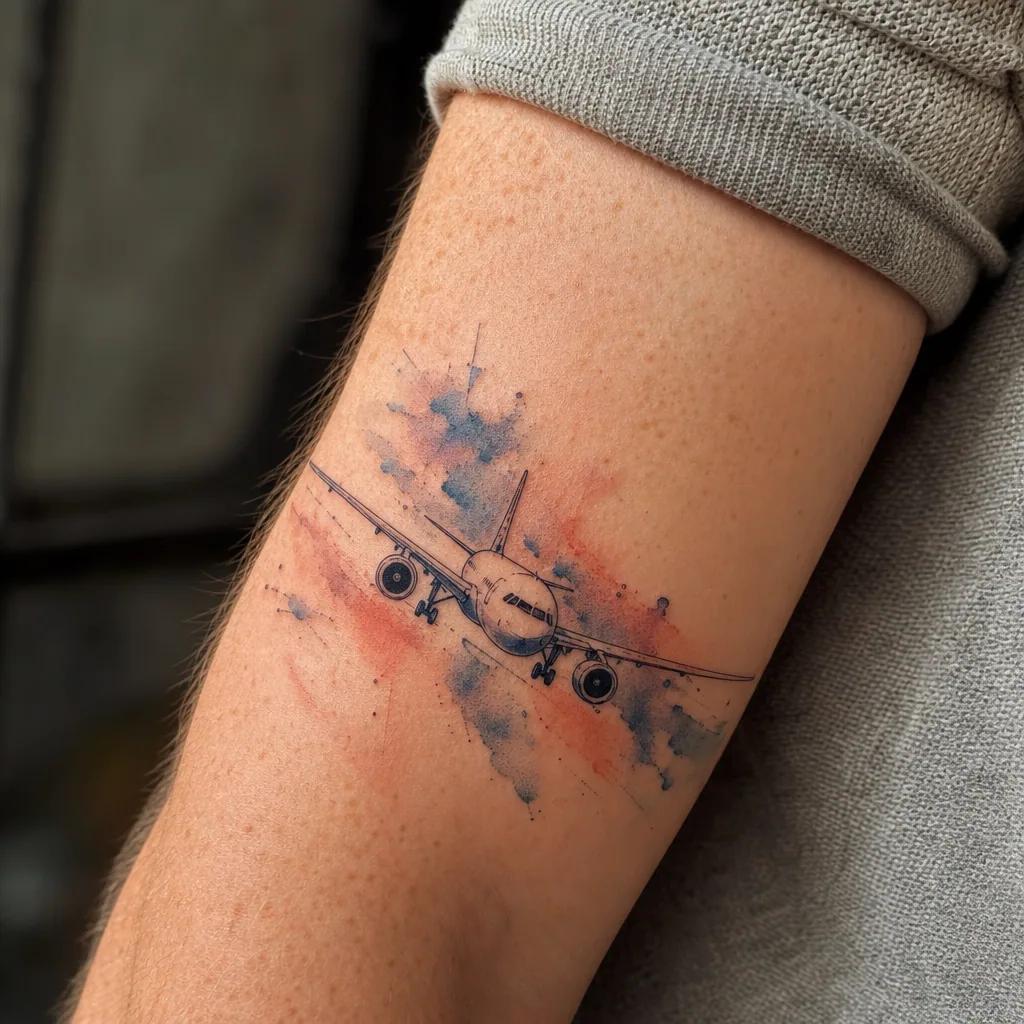 idée tatouage voyage avion aquarelle, photo réaliste sur peau