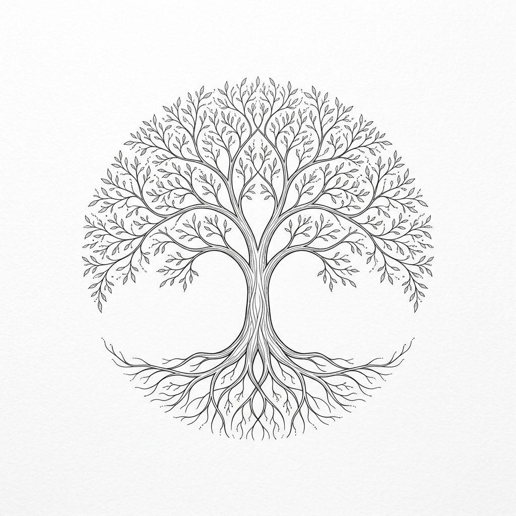 idée tatouage arbre de vie arbre fine line racines, design sur fond blanc