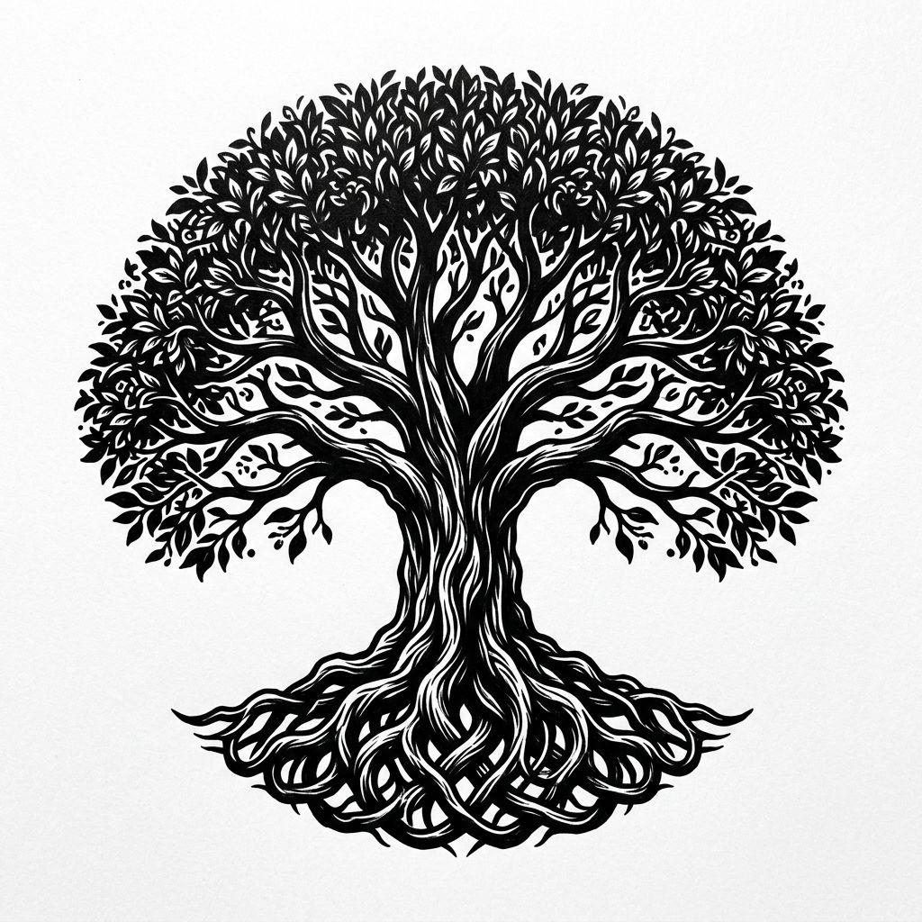 idée tatouage arbre de vie arbre de vie blackwork, design sur fond blanc