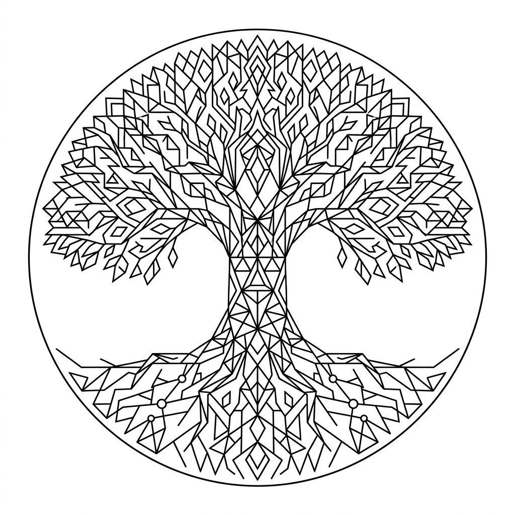 idée tatouage arbre de vie arbre cercle géométrique, design sur fond blanc