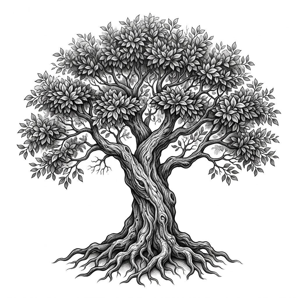 idée tatouage arbre de vie arbre réaliste noir et gris, design sur fond blanc