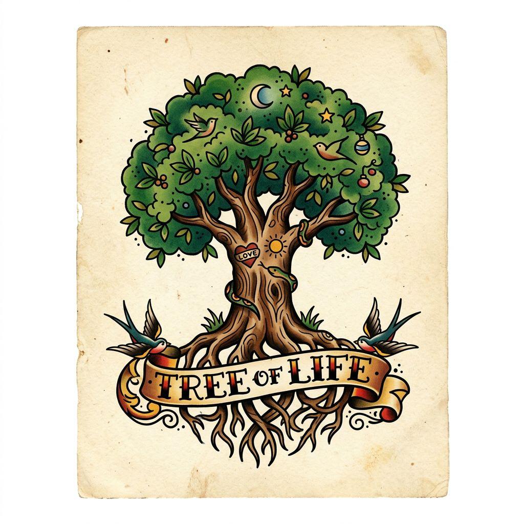 idée tatouage arbre de vie arbre old school, design sur fond blanc
