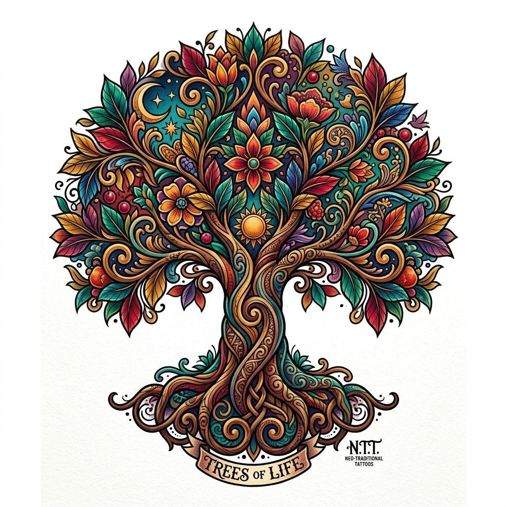 idée tatouage arbre de vie arbre néo-traditionnel, design sur fond blanc