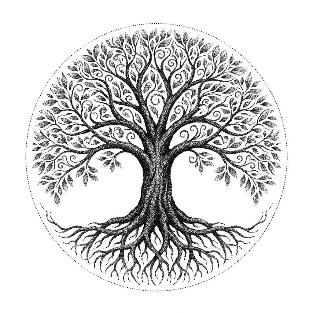 idée tatouage arbre de vie arbre dotwork, design sur fond blanc