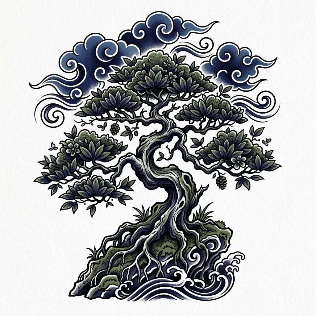 idée tatouage arbre de vie arbre japonais bonsaï, design sur fond blanc