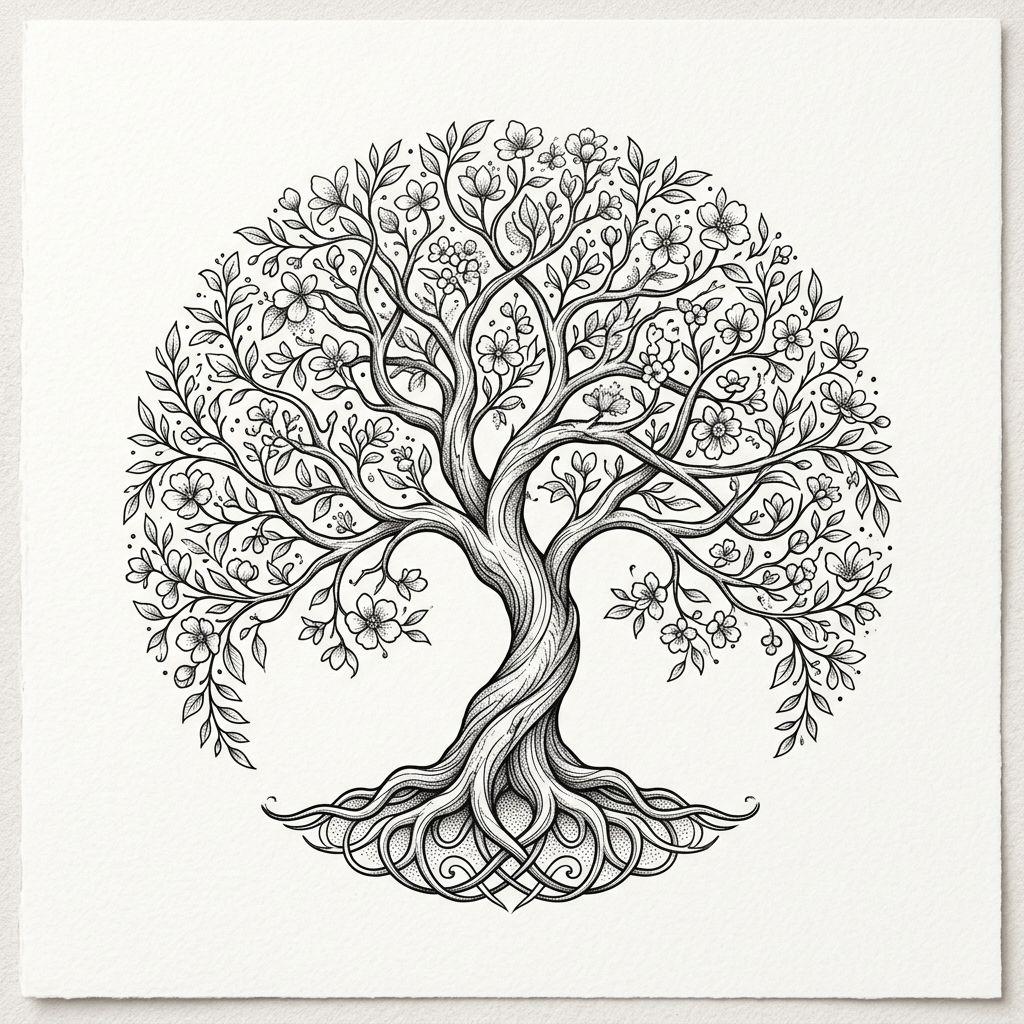idée tatouage arbre de vie arbre fleuri, design sur fond blanc