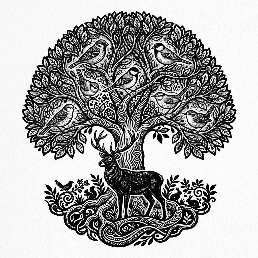 idée tatouage arbre de vie arbre et animaux, design sur fond blanc