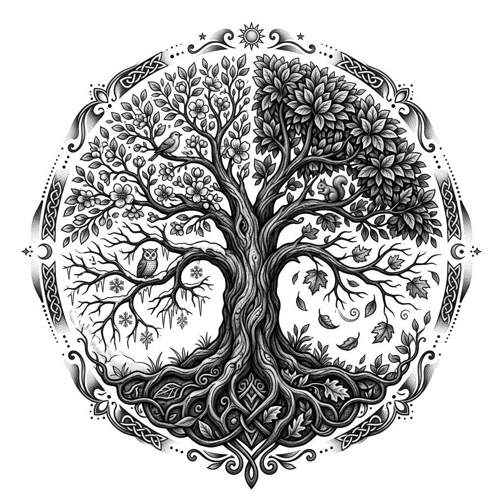 idée tatouage arbre de vie arbre des quatre saisons, design sur fond blanc