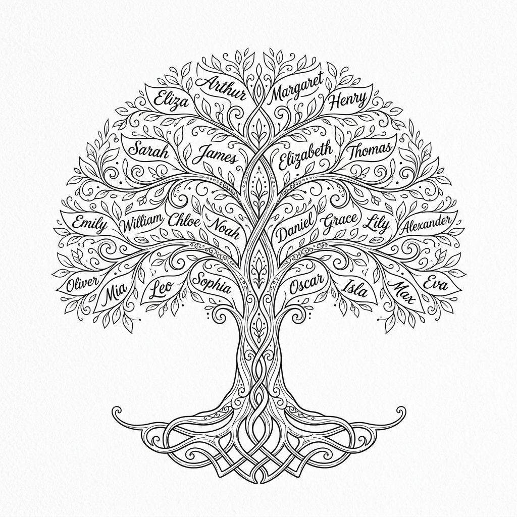 idée tatouage arbre de vie arbre avec prénoms, design sur fond blanc