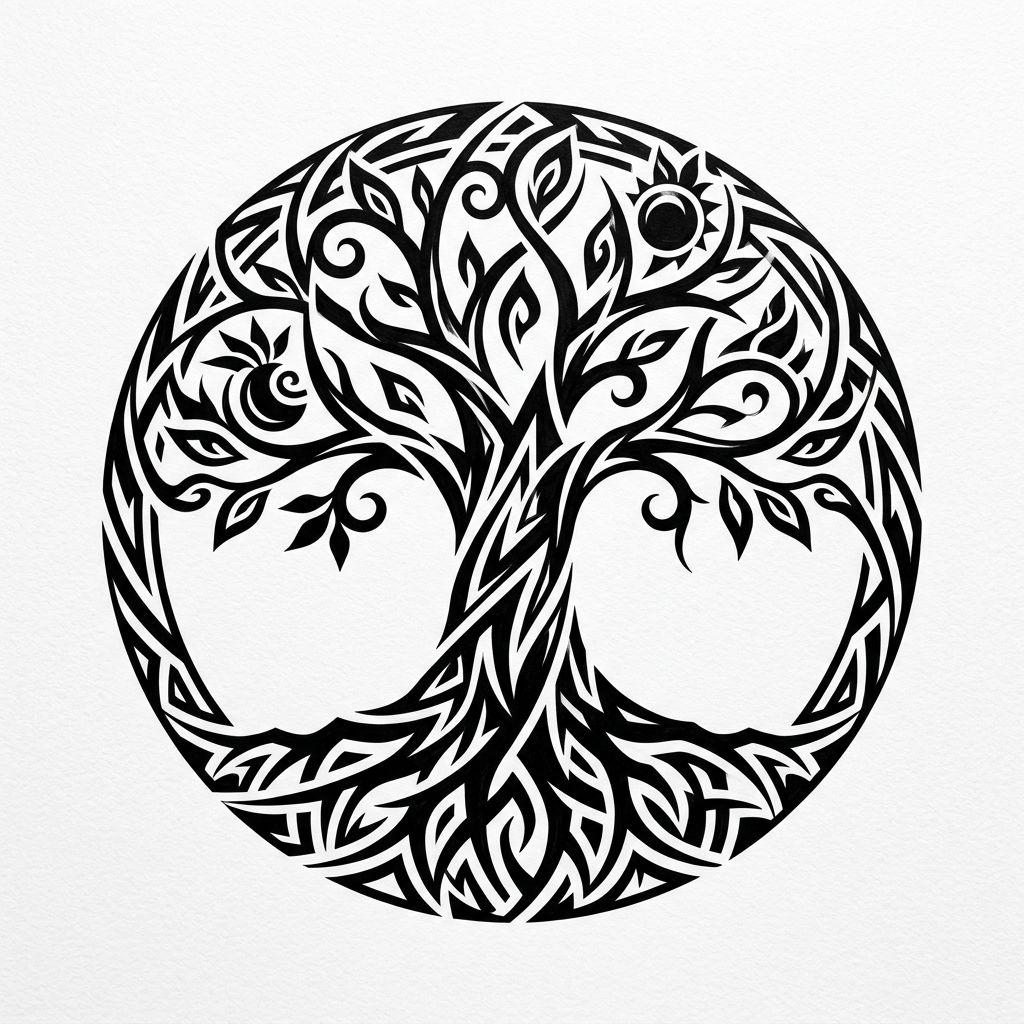idée tatouage arbre de vie arbre tribal moderne, design sur fond blanc
