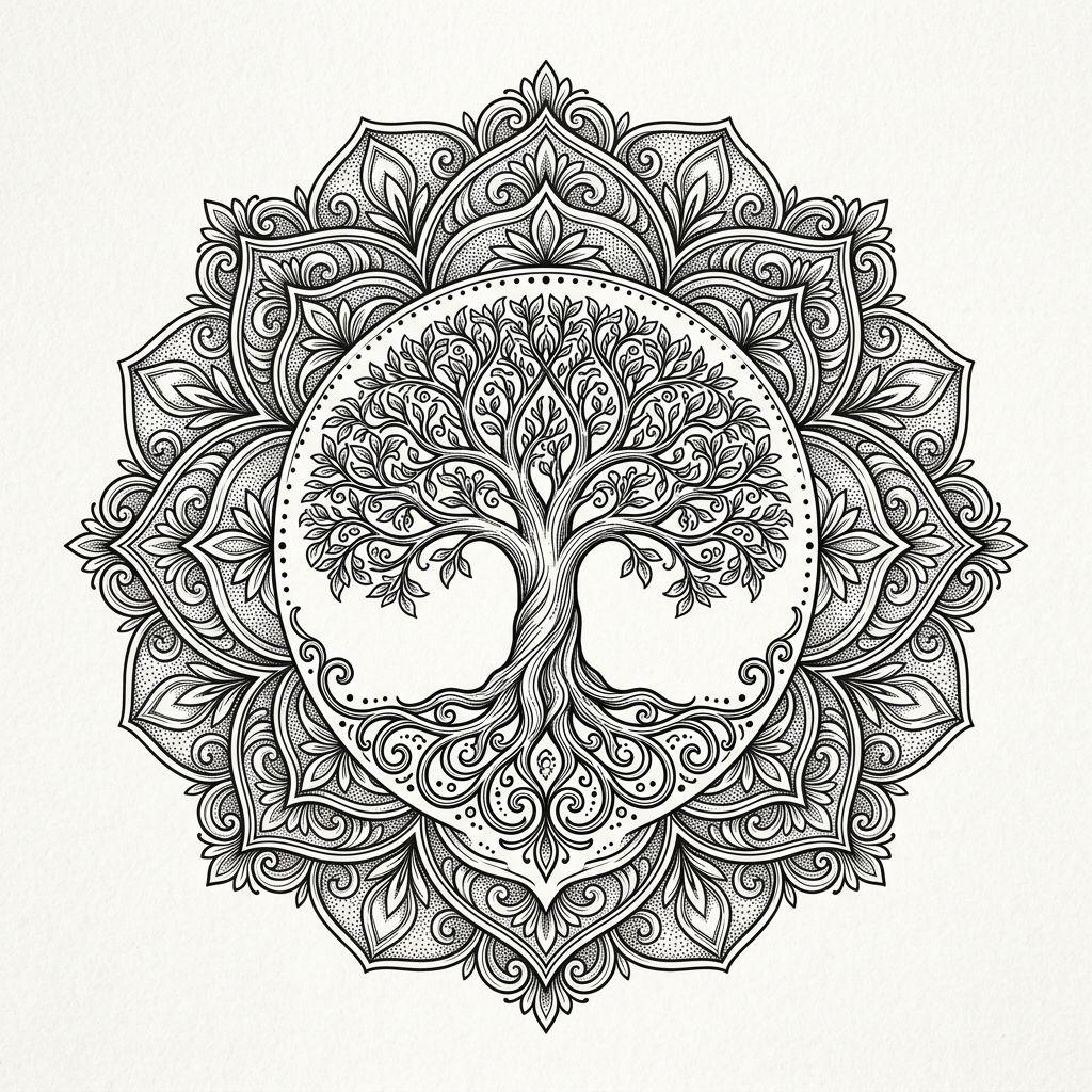 idée tatouage arbre de vie arbre mandala, design sur fond blanc