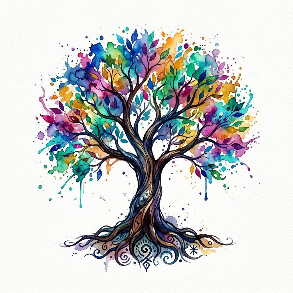 idée tatouage arbre de vie arbre aquarelle, design sur fond blanc