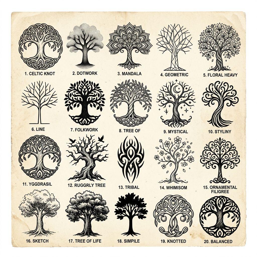 idée tatouage arbre de vie arbres de vie flash, design sur fond blanc