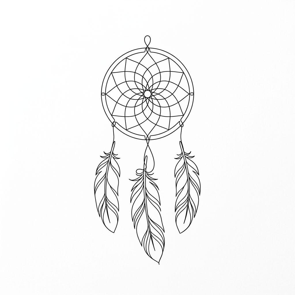 idée tatouage attrape-rêve attrape-reve single-line minimaliste, design sur fond blanc