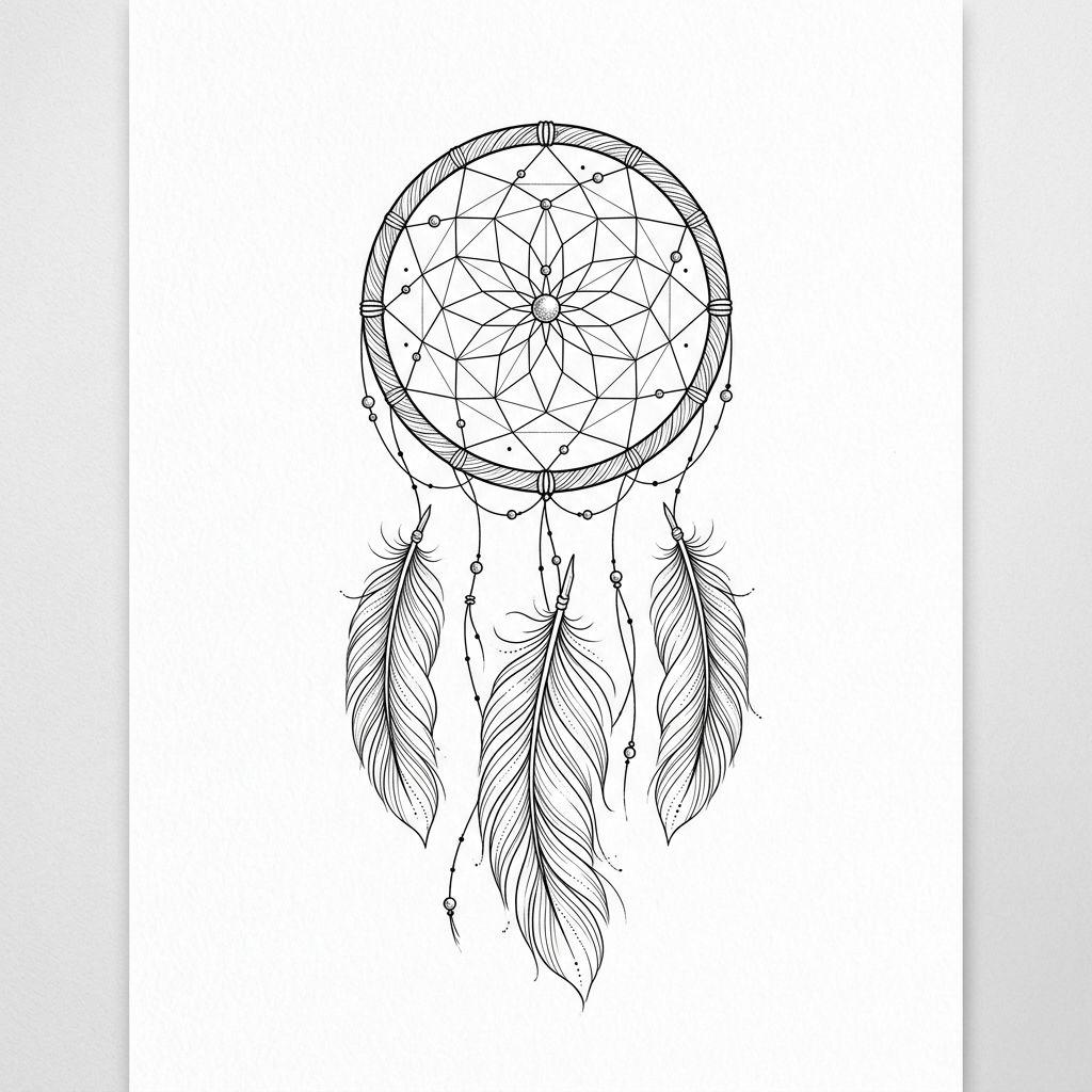 idée tatouage attrape-rêve attrape-reve fine line classique, design sur fond blanc
