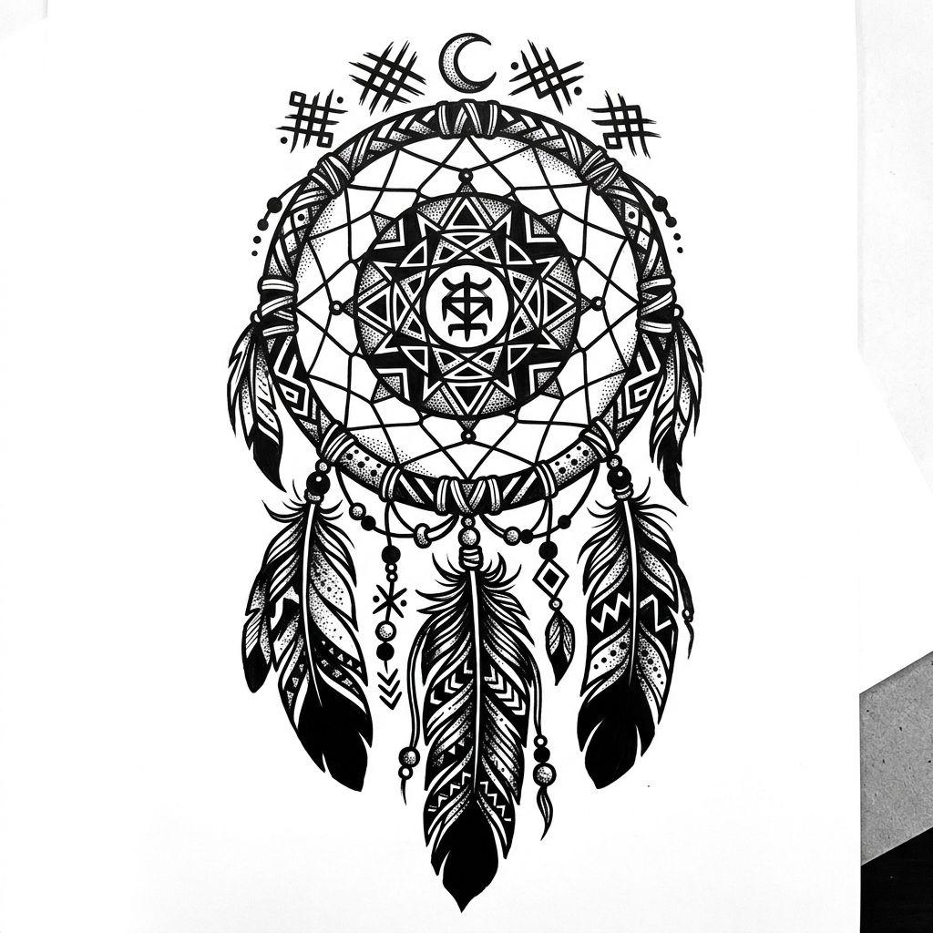 idée tatouage attrape-rêve attrape-reve blackwork dense, design sur fond blanc