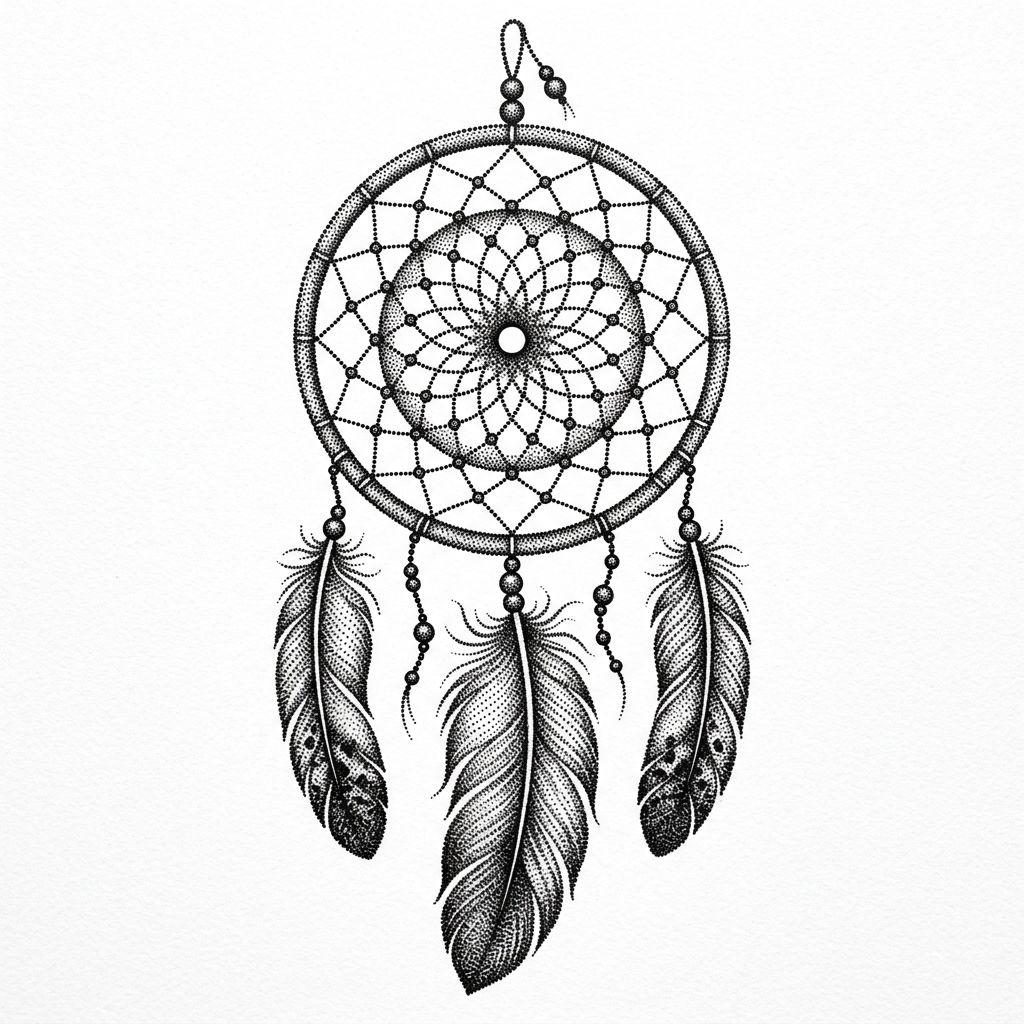 idée tatouage attrape-rêve attrape-reve dotwork stippling, design sur fond blanc