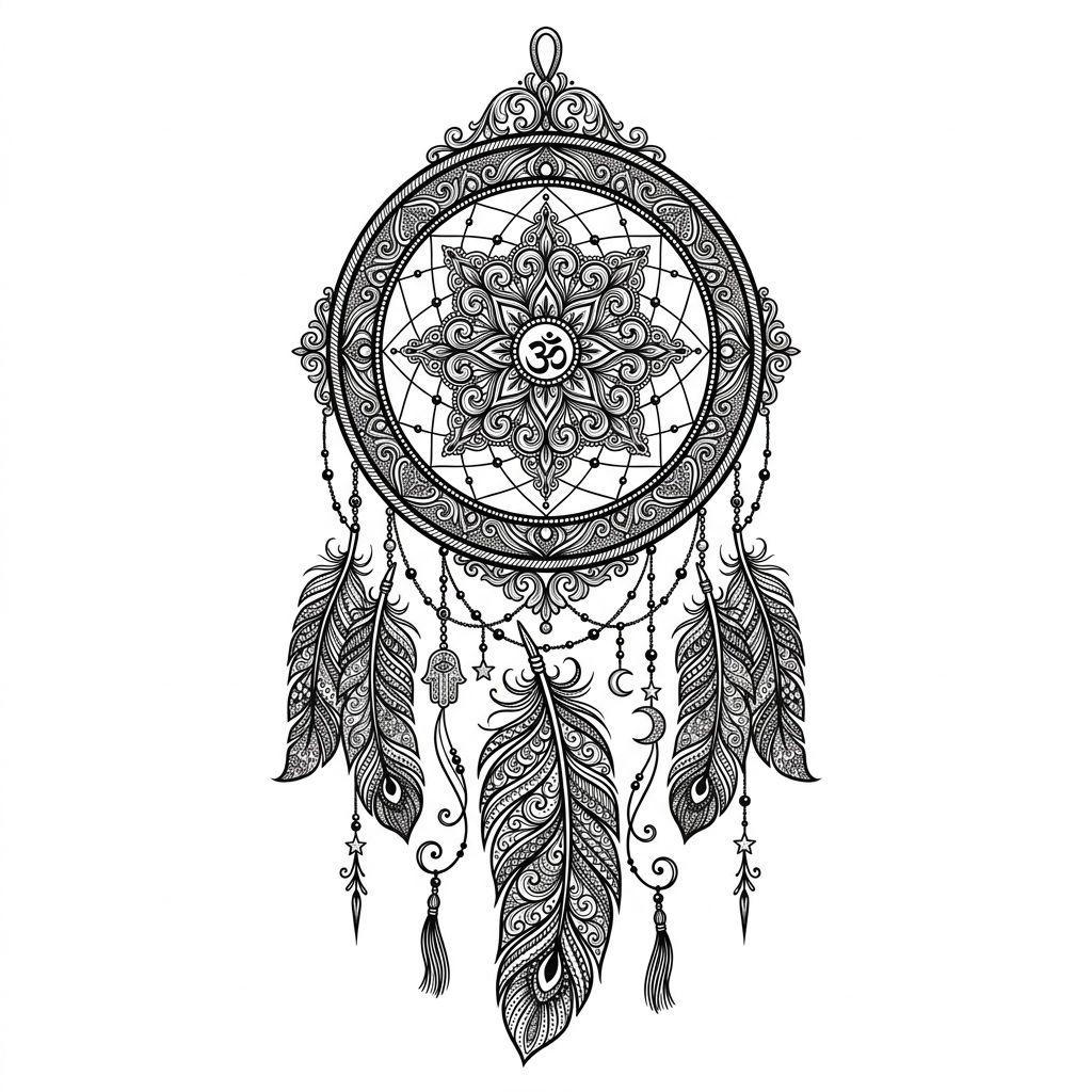 idée tatouage attrape-rêve mandala attrape-reve ornemental, design sur fond blanc