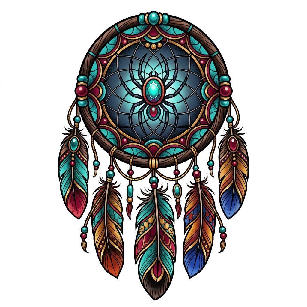 idée tatouage attrape-rêve attrape-reve néo-traditionnel, design sur fond blanc