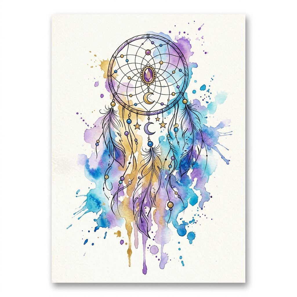 idée tatouage attrape-rêve attrape-reve aquarelle douce, design sur fond blanc
