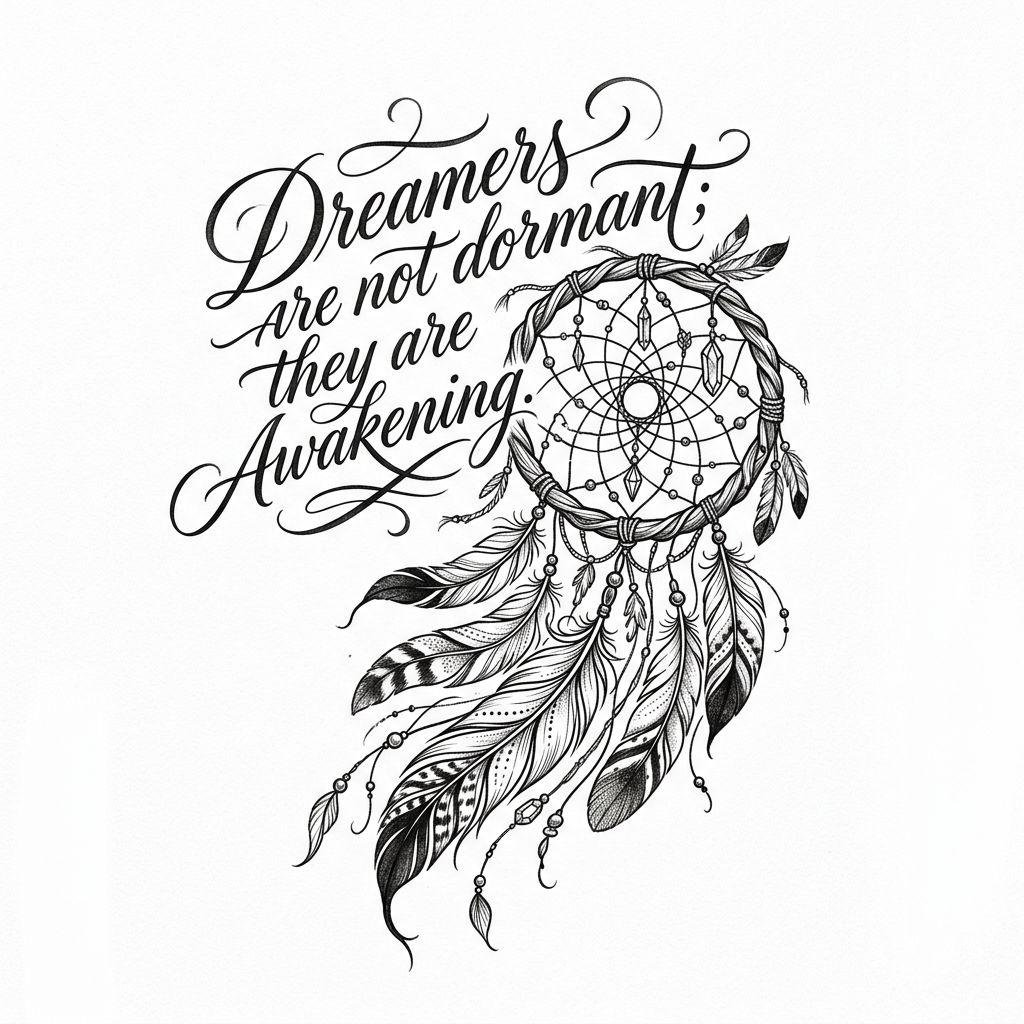 idée tatouage attrape-rêve lettrage attrape-reve citation, design sur fond blanc