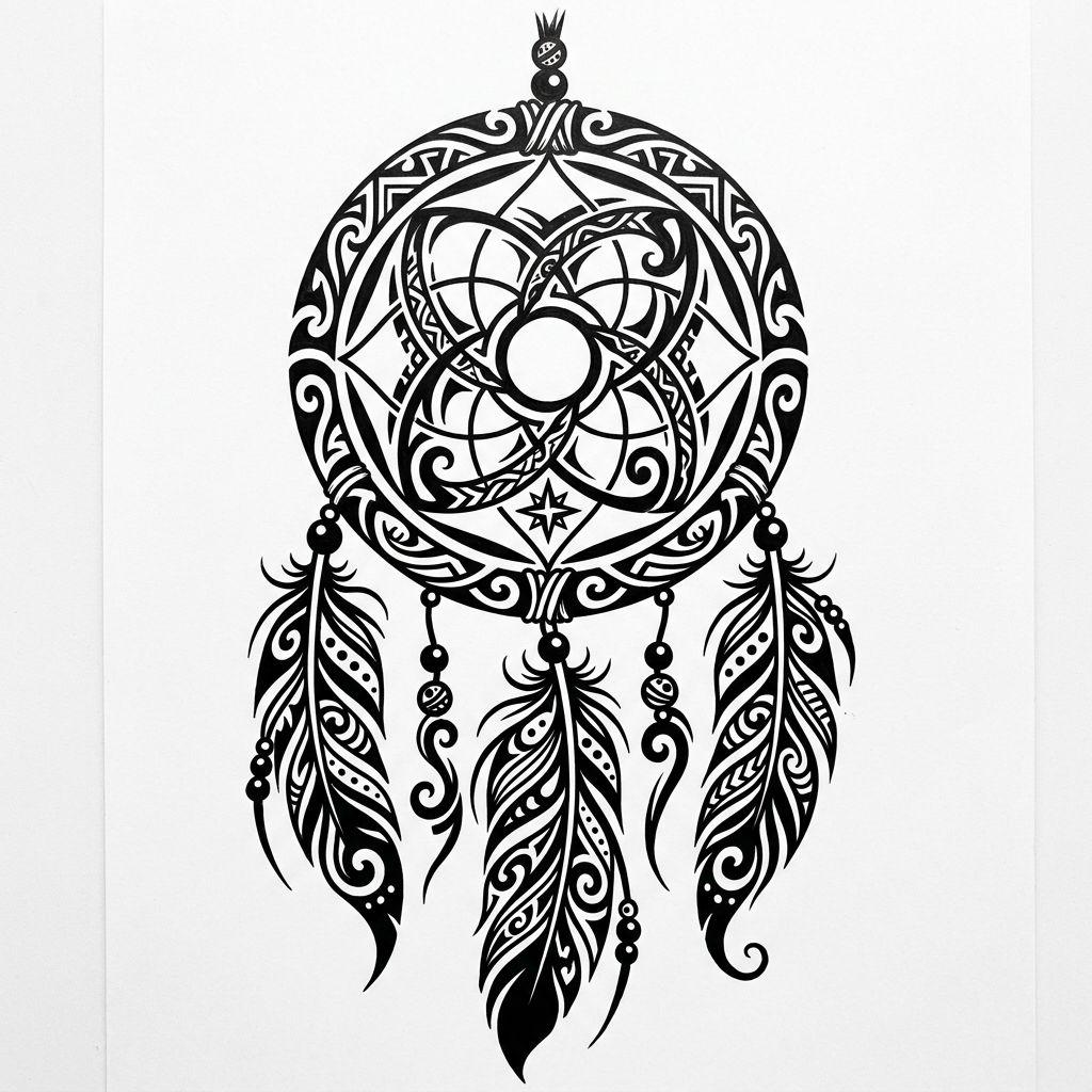 idée tatouage attrape-rêve attrape-reve tribal amerindien, design sur fond blanc