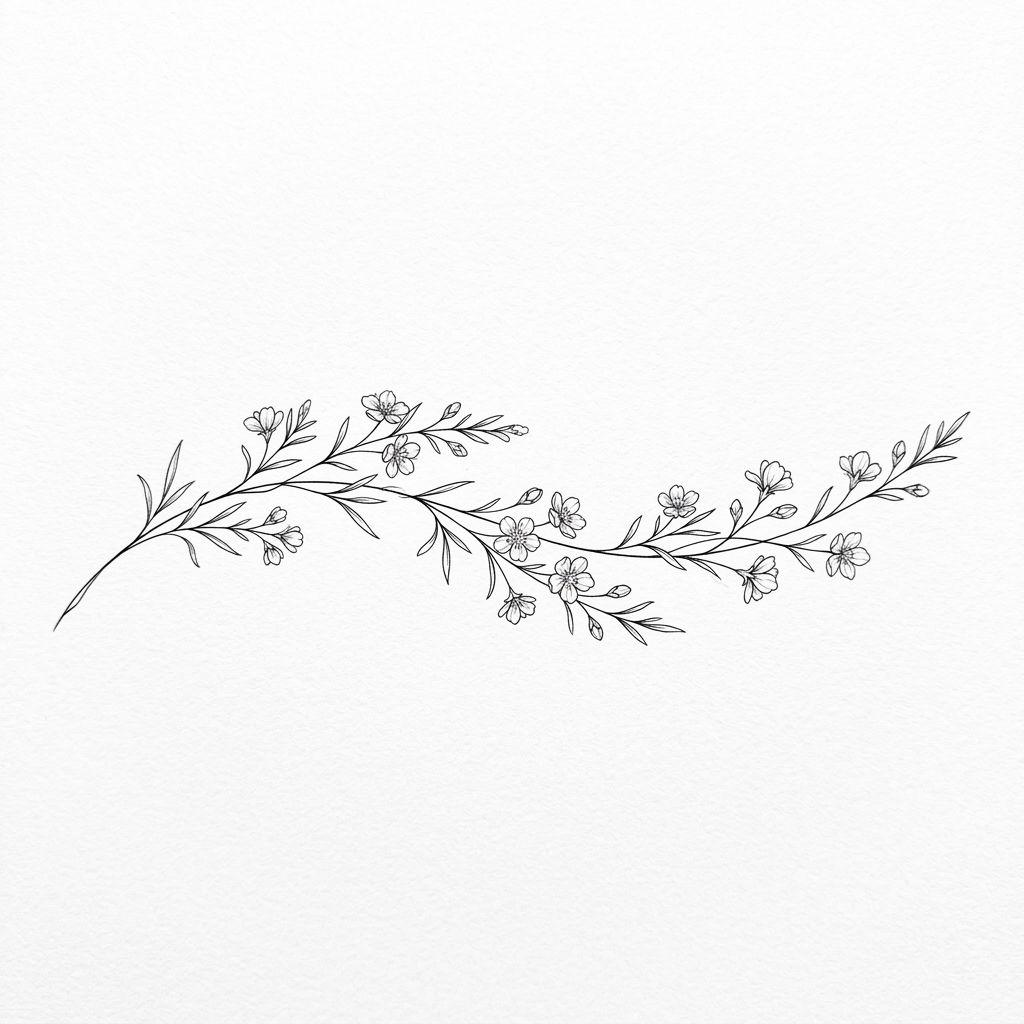 idée tatouage avant-bras femme branche fleurie fine line, design sur fond blanc