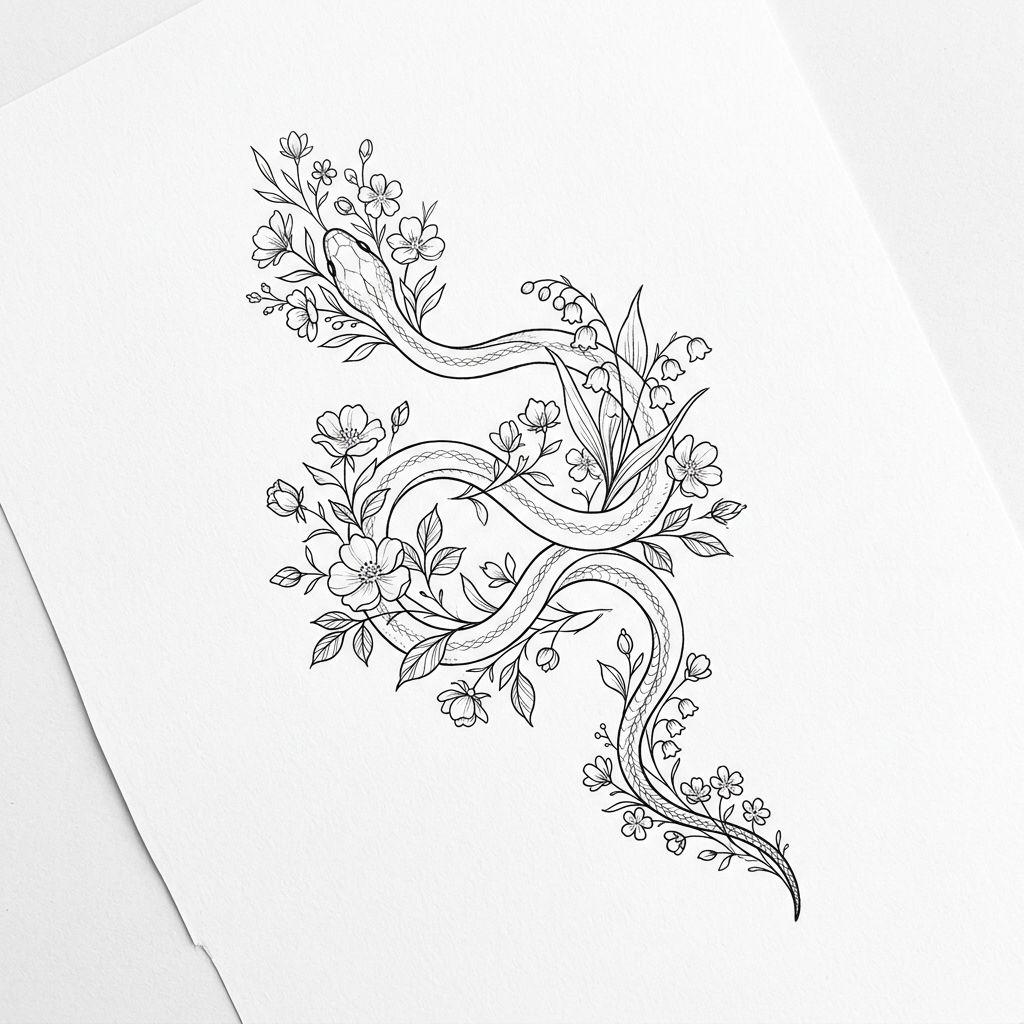 idée tatouage avant-bras femme serpent fin botanique, design sur fond blanc