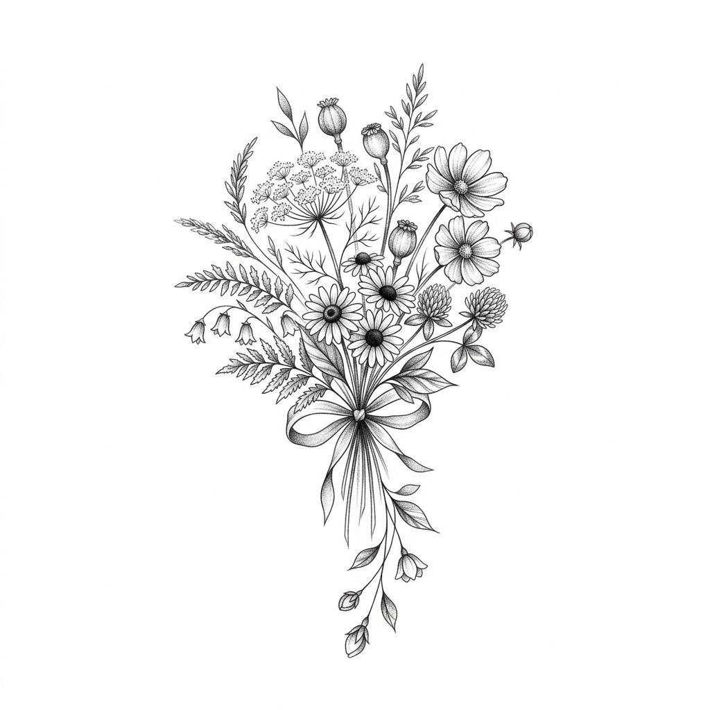idée tatouage avant-bras femme fleurs sauvages bouquet, design sur fond blanc