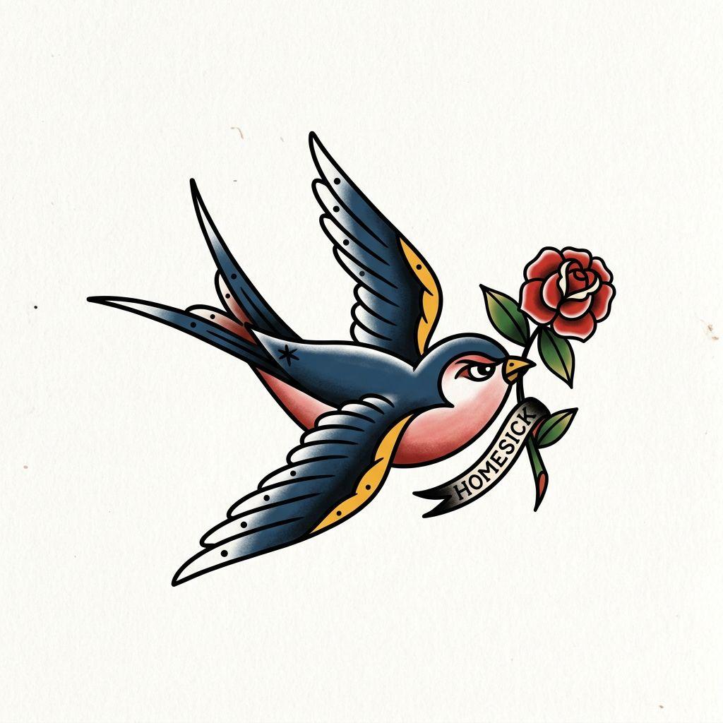 idée tatouage avant-bras femme hirondelle old school, design sur fond blanc
