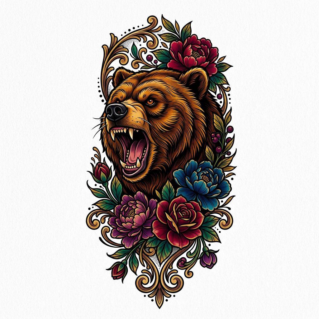 idée tatouage avant-bras homme ours néo-traditionnel, design sur fond blanc