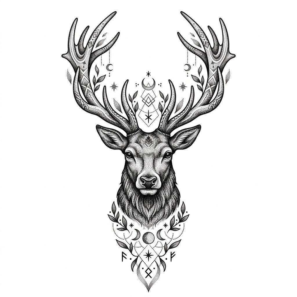 idée tatouage avant-bras homme cerf dotwork, design sur fond blanc