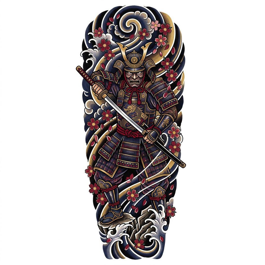 idée tatouage avant-bras homme samouraï japonais, design sur fond blanc