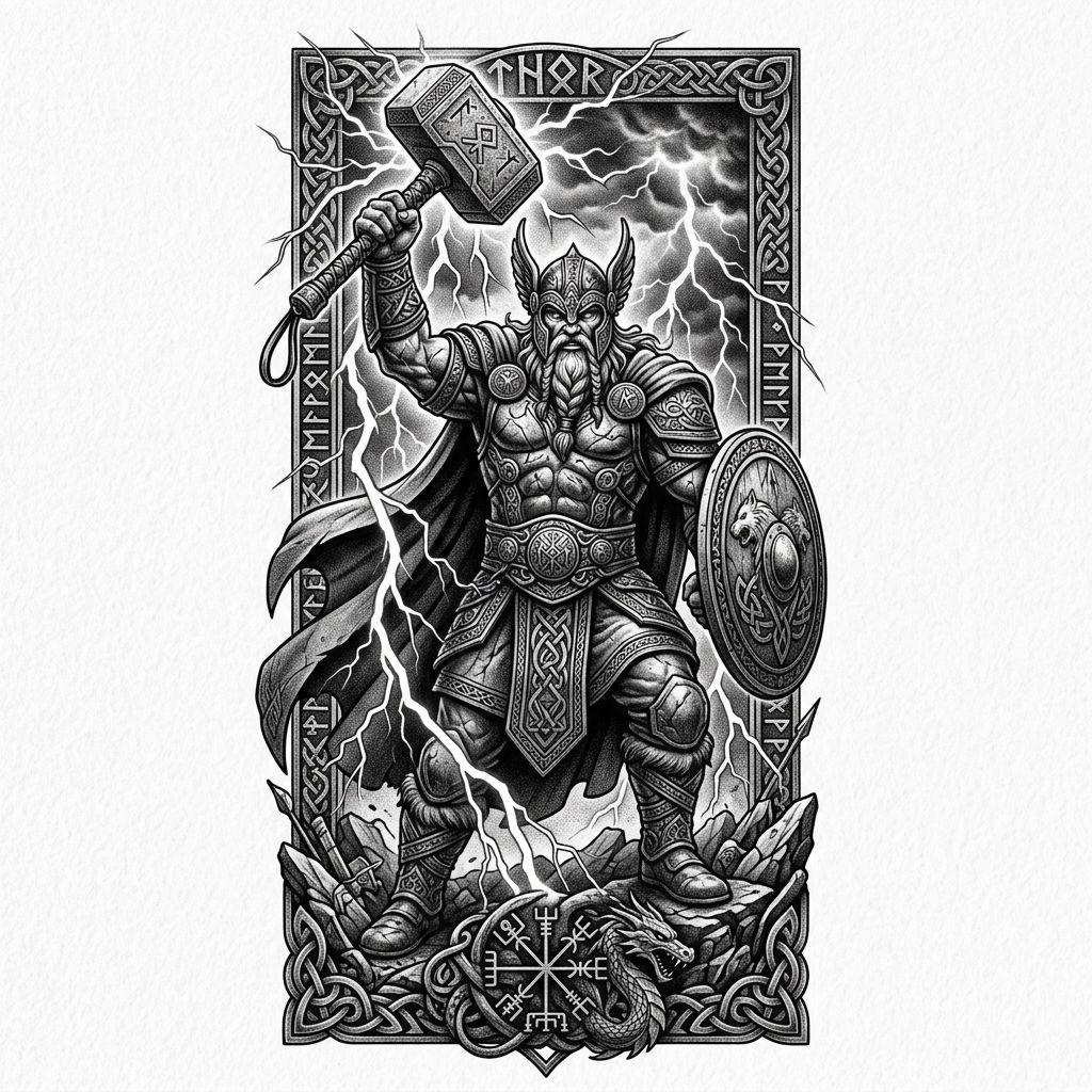 idée tatouage avant-bras homme thor mythologique, design sur fond blanc