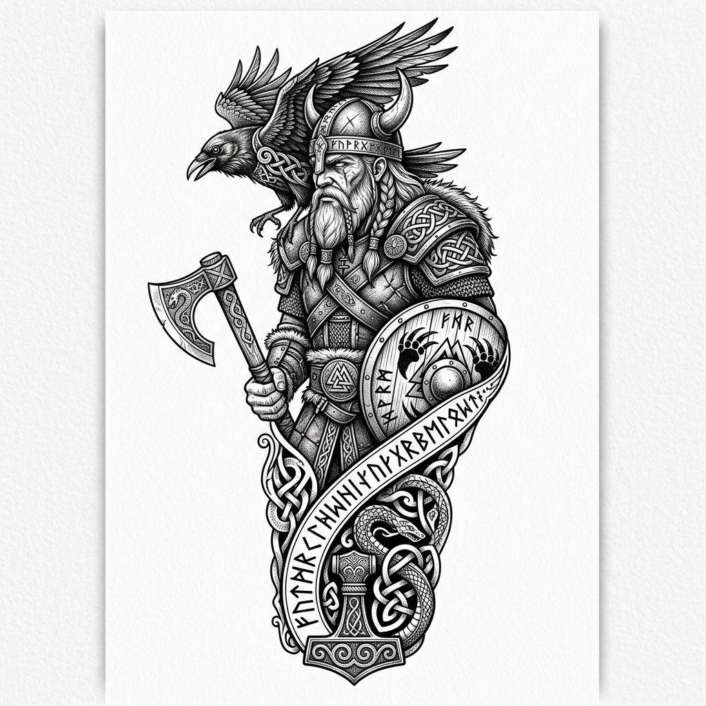 idée tatouage avant-bras homme viking premium, design sur fond blanc