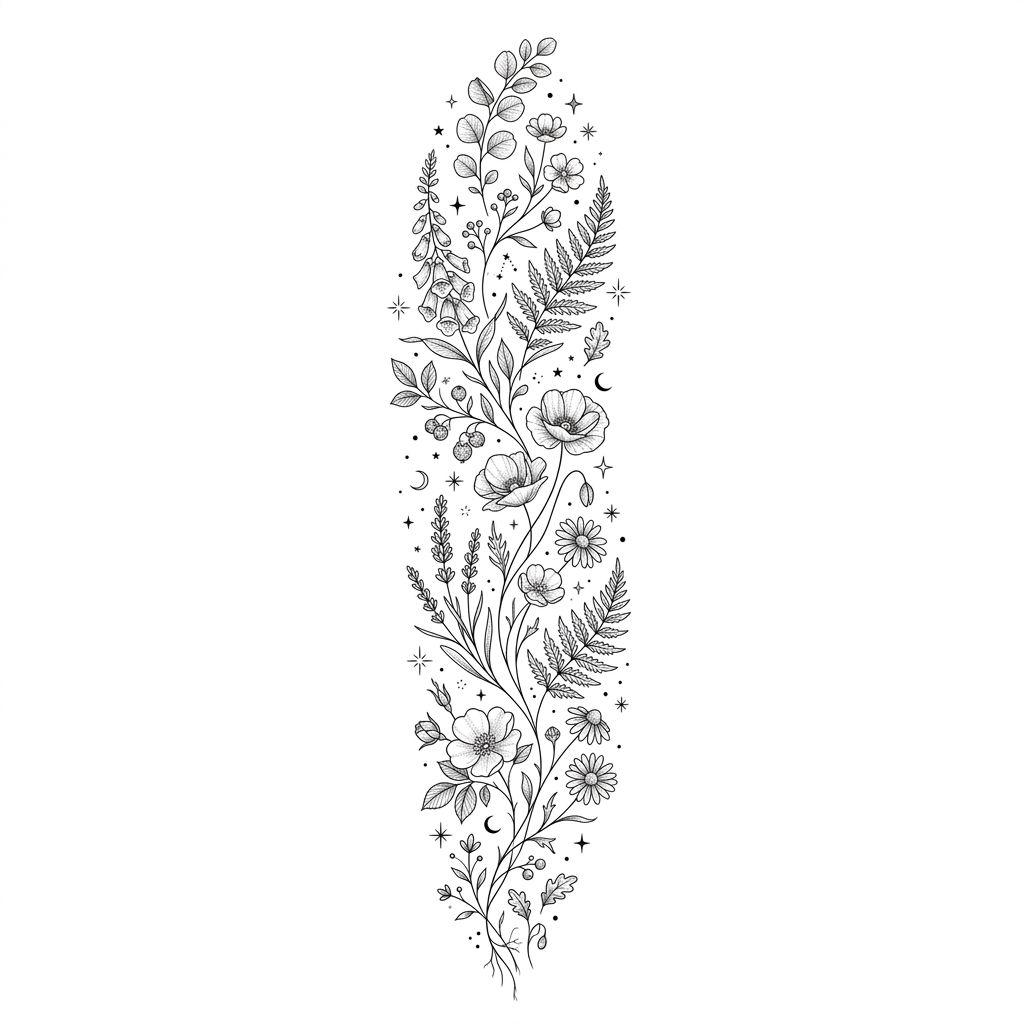 idée tatouage bras manche florale fine line, design sur fond blanc