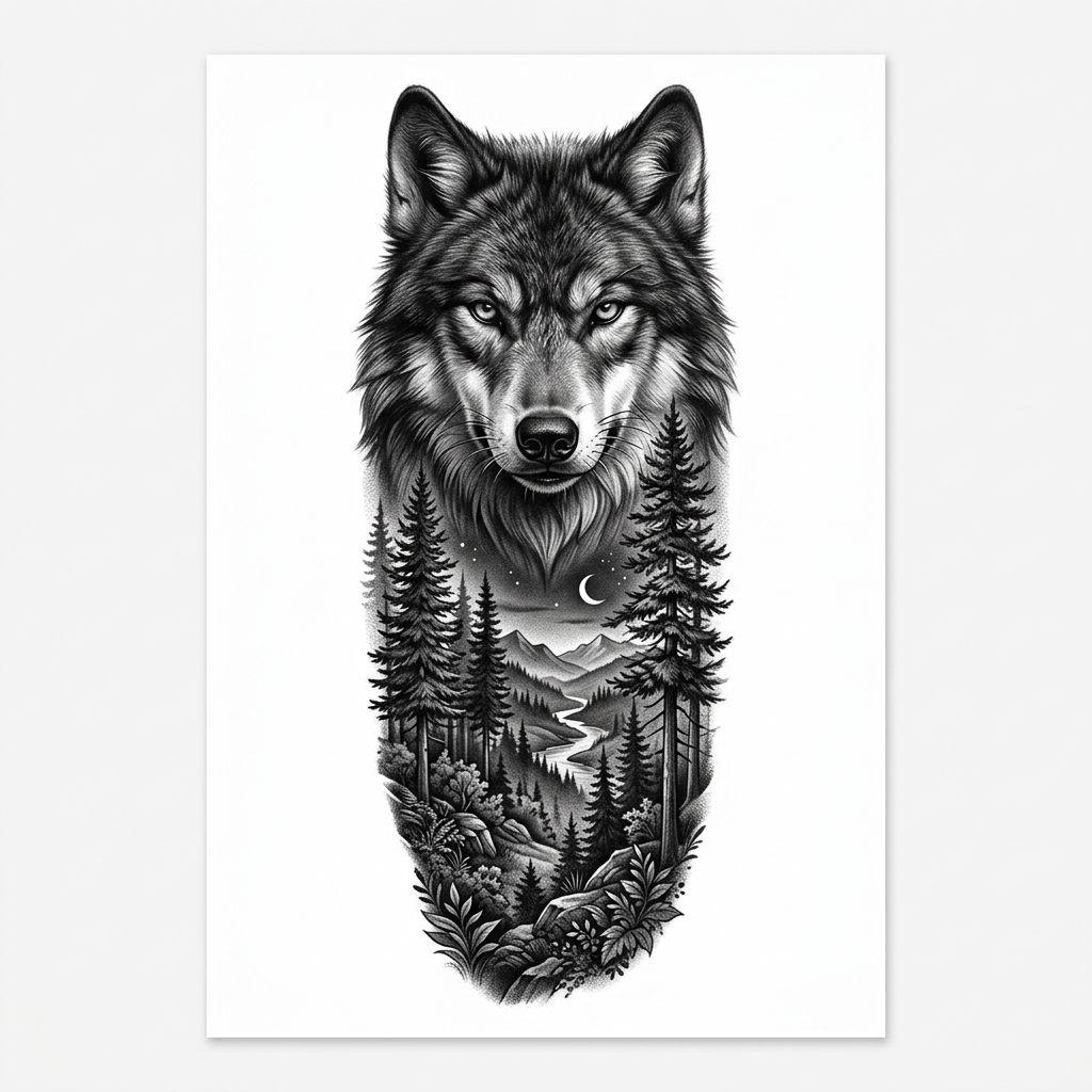 idée tatouage bras loup réaliste vertical, design sur fond blanc