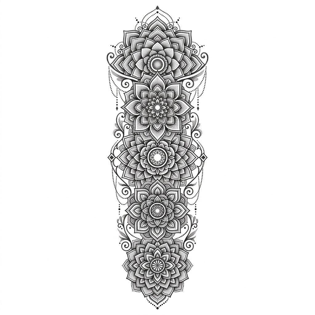 idée tatouage bras manche dotwork mandala, design sur fond blanc