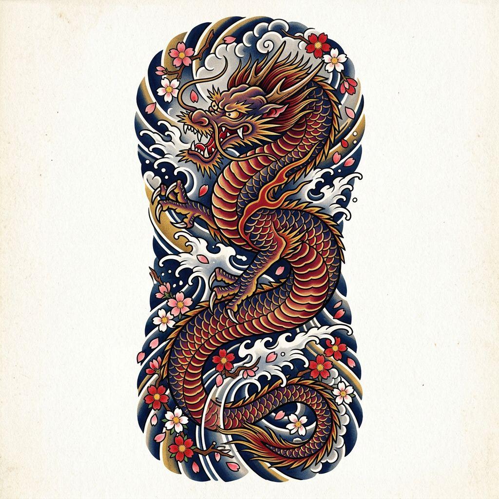 idée tatouage bras dragon japonais sleeve, design sur fond blanc