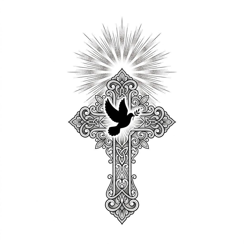 idée tatouage bras croix spirituelle, design sur fond blanc