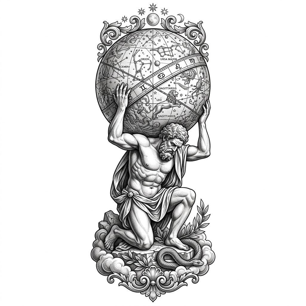 idée tatouage bras atlas mythologique, design sur fond blanc